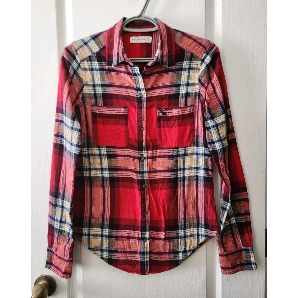Abercrombie Womens Plaid Flannel Button Up Shirt Long Sleeve Cotton Red Size‎ XS